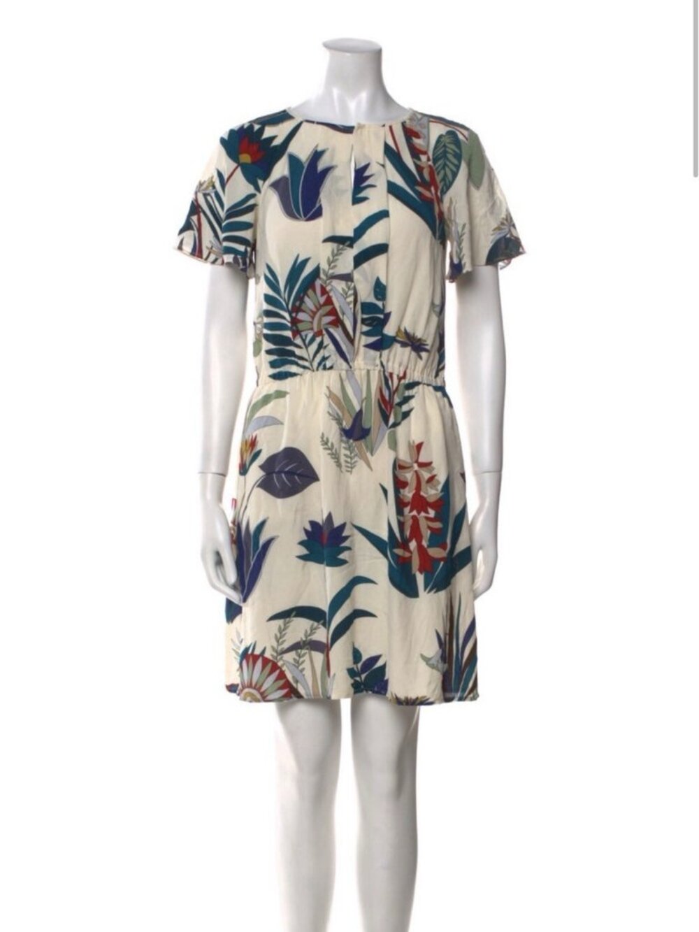 Tory Burch Silk Floral Dress XS Tropical Print Mini Keyhole Boho Chic Resort